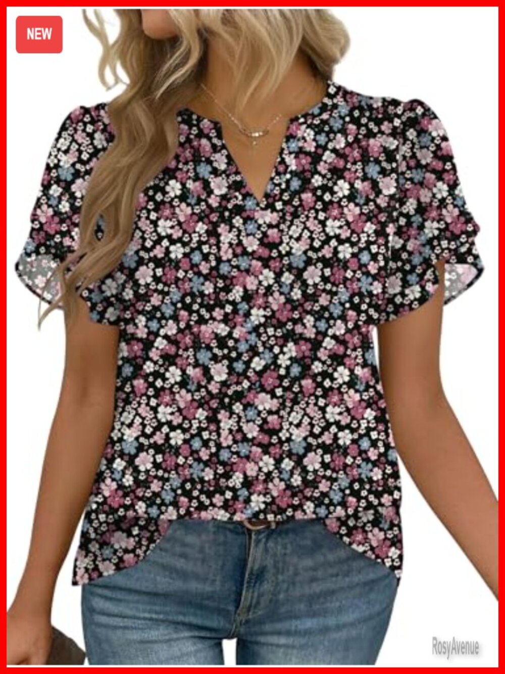 Women's Chiffon Blouse V-Neck Petal Sleeve Work Top